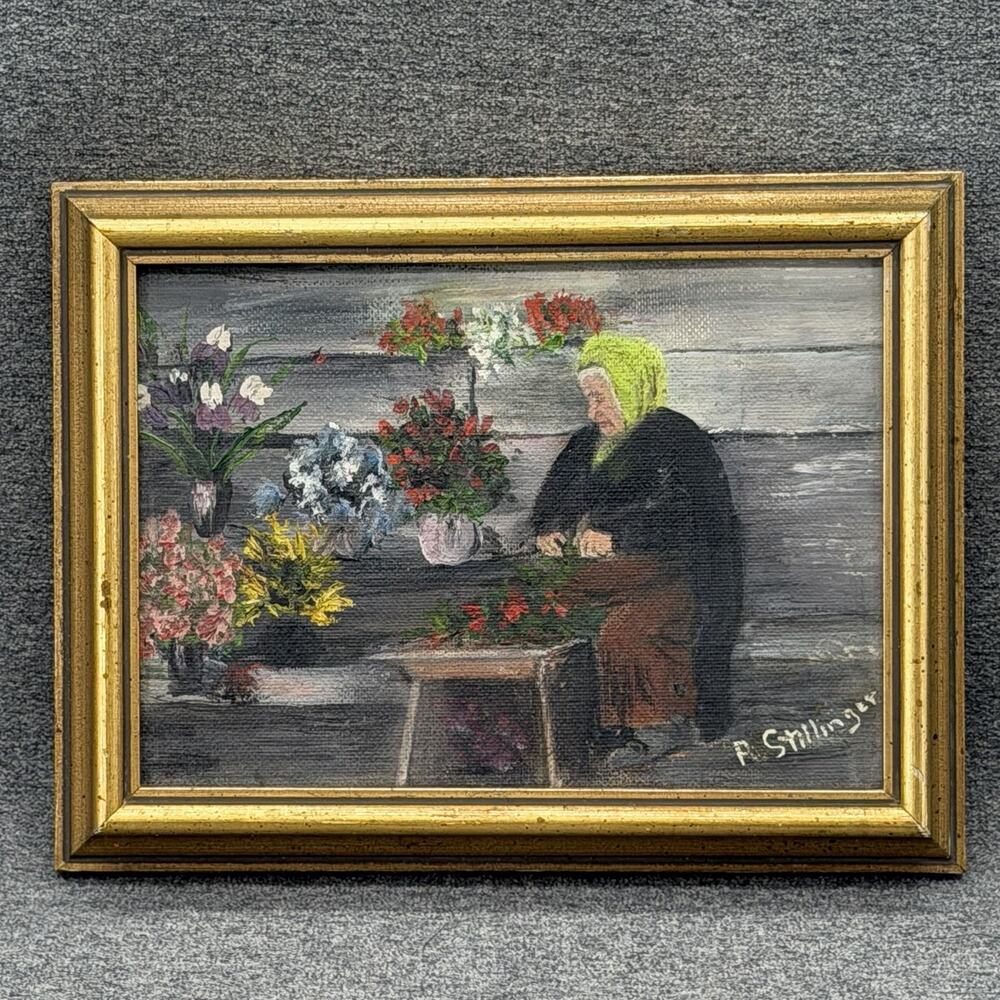 Vintage R Stillinger Original Painting Woman Flowers Small Canvas Gold Frame